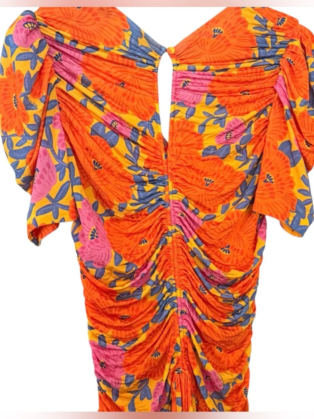 ANTHROPOLOGIE Farm Rio Short Sleeve Ruched Midi Dress Tropical Floral Size M NEW - Picture 9 of 11